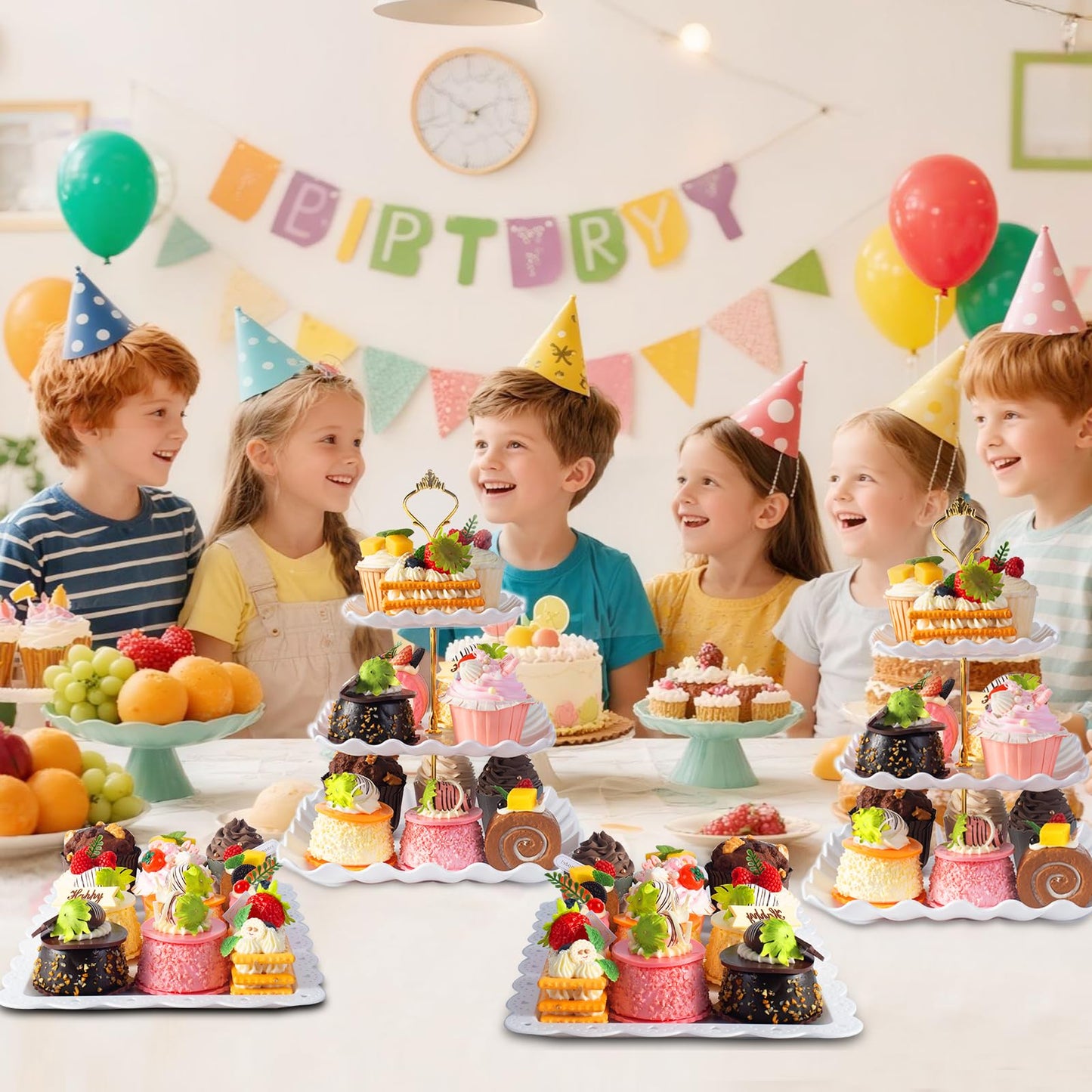Wgbon 5 Pack Dessert Table Display Set, 2 Sets 3 Tier Cupcake Stand, 3 Pcs Food Serving Trays, Tiered White Plastic Cup Cake Tower for Birthday Baby Shower Wedding and Tea Party Supplies (5, Large)