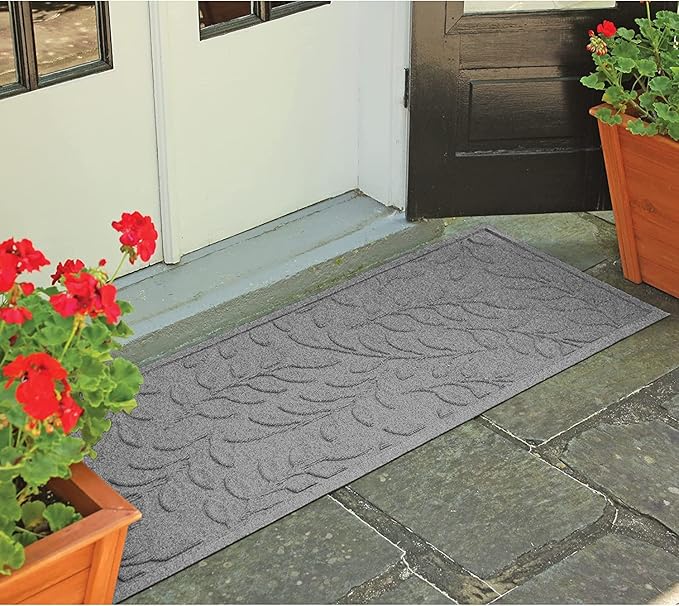 WaterHog Welcome Mat for Indoor/Outdoor, 2’ x 5’, Made in USA, Durable & Water-Resistant, Dirt Trapping Mat, Decorative Front Door and Entryway Rug, Brittney Leaf Design, Medium Grey