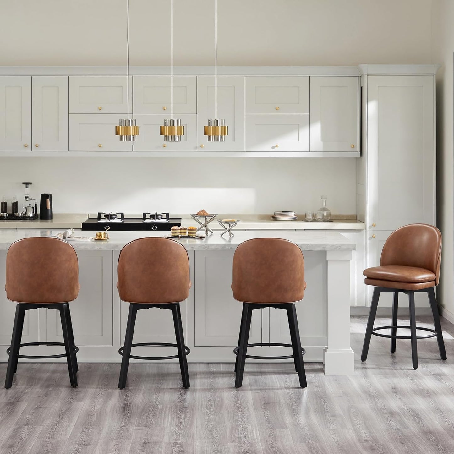 Counter Height Barstools 26 inch Upholstered Swivel Bar Stools with Back and Wood Legs for Kitchen Island,Set of 4,Brown PU Leather-Armless