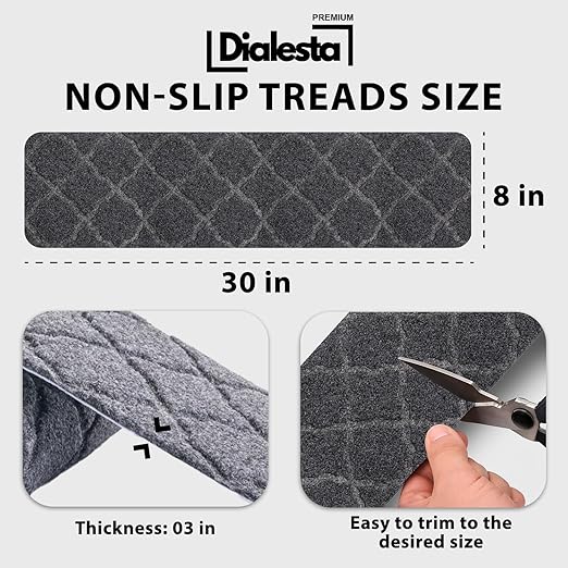 Stair Treads for Wooden Steps Indoor, Includes 15 Non-Slip Carpet Mat 8x30in with 5 Motion Sensor Lamps, Peel & Stick Carpet Stair Treads,Safety Stair Rugs for Kids, Elderly and Pets (Dark Gray)