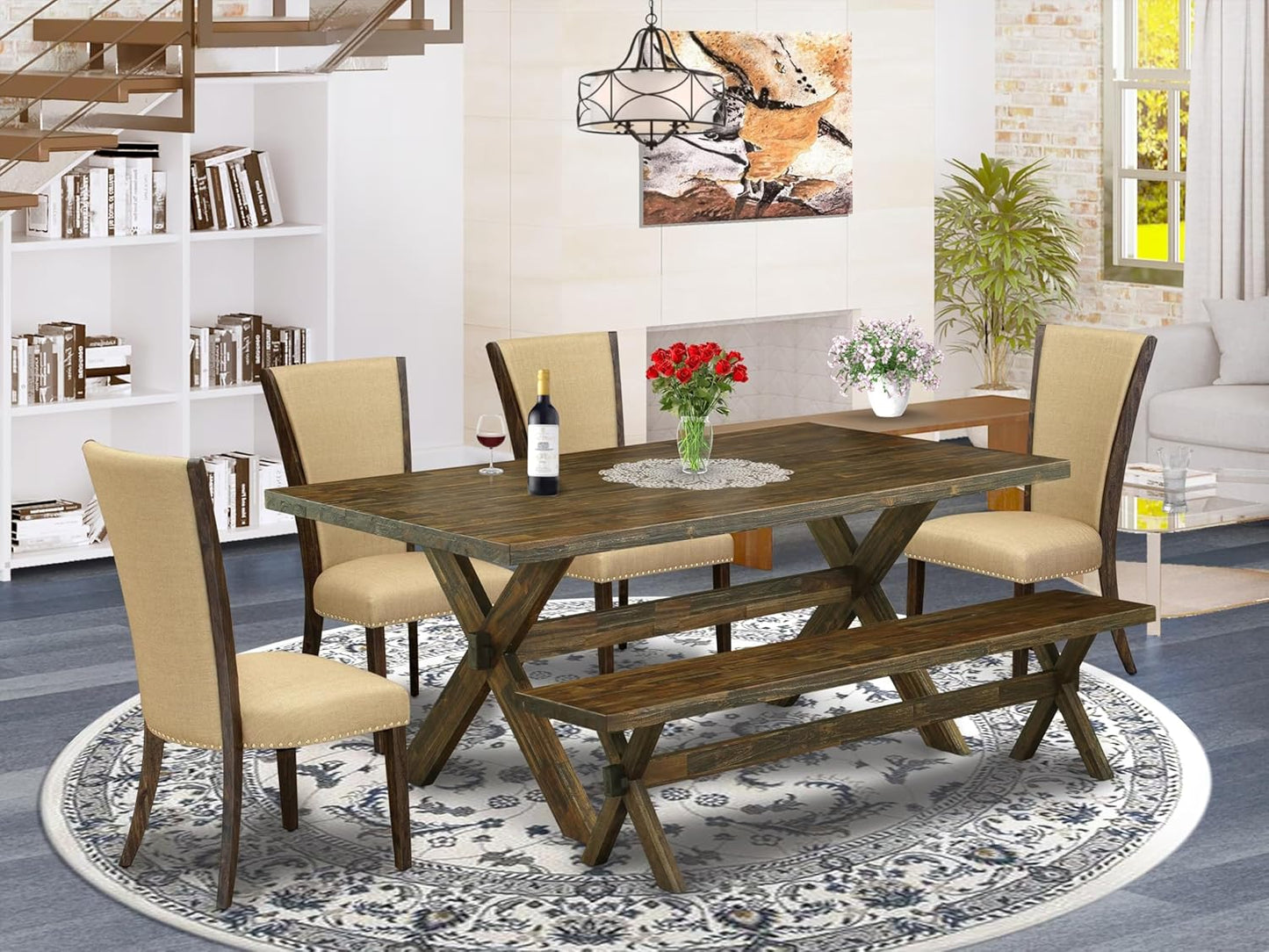 East West Furniture X777VE703-6 6 Piece Dining Set Contains a Rectangle Dining Room Table with X-Legs and 4 Brown Linen Fabric Parson Chairs with a Bench, 40x72 Inch, Multi-Color