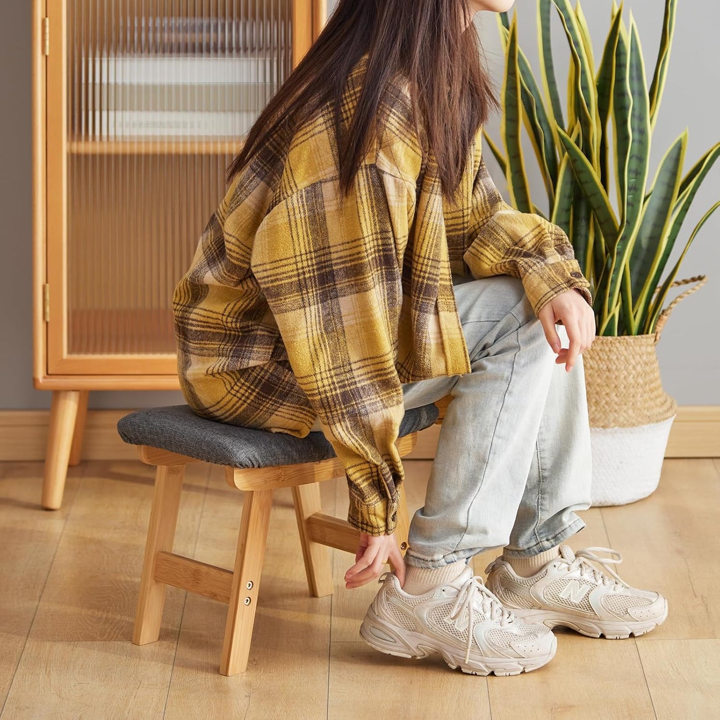 Foot Stool Ottoman Foot Rest Under Desk,Small Stool for Living Room, Bedroom and Kitchen (Natural Legs - Gray Stool Surface)