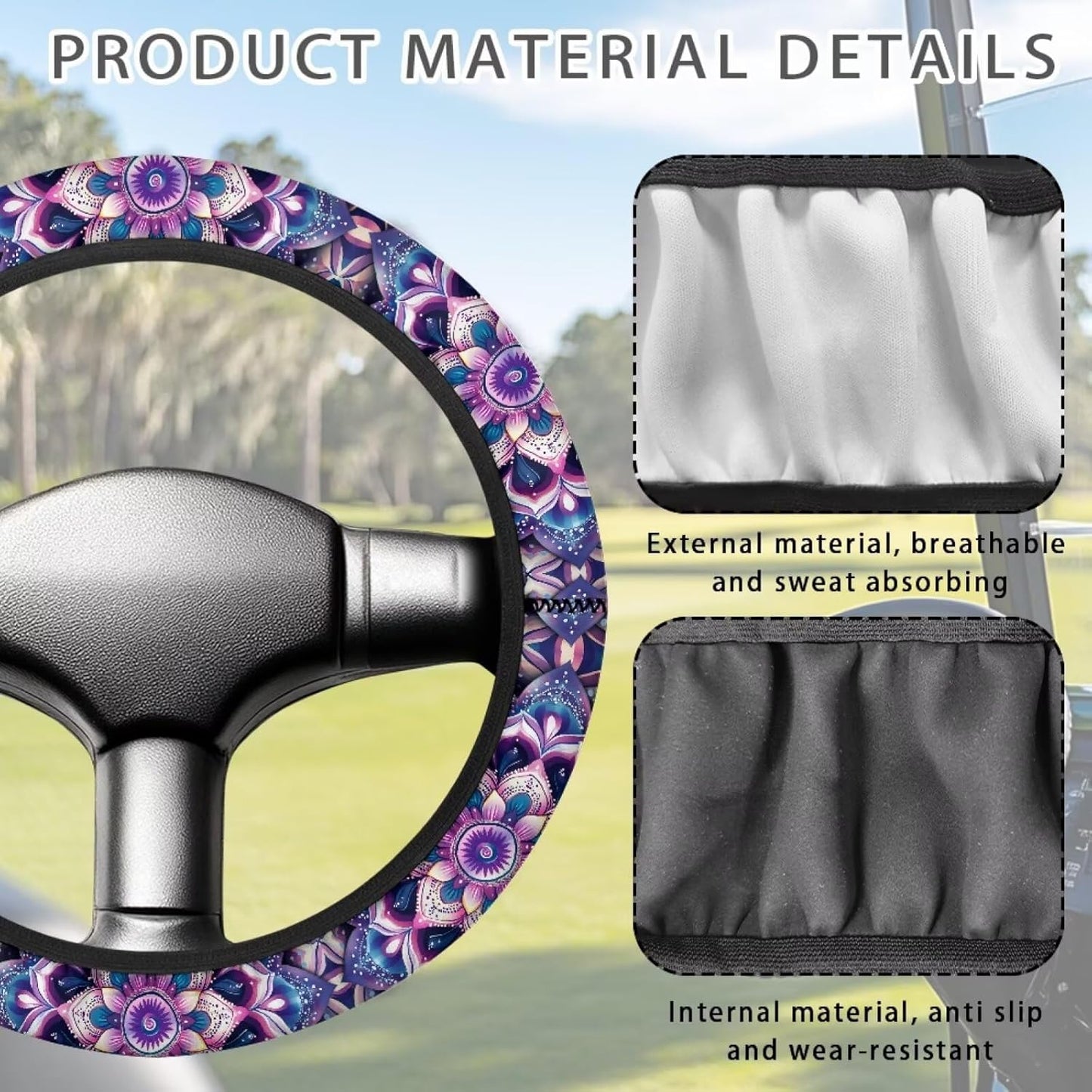 Mandala Golf Cart Steering Wheel Cover Purple 13.5 Inch Steering Wheel Cover Golf Cart Accessories for Women, Lightweight Anti-Slip Club Car Decor Easy to Install