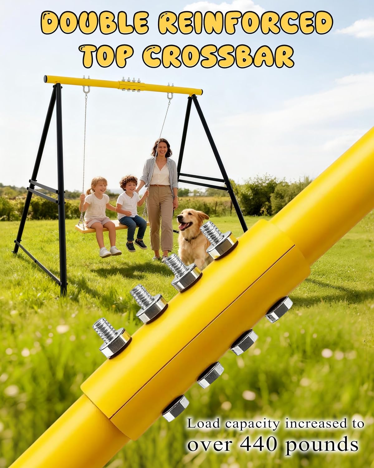 Porch Swing Stand Frame for Both Kids and Adults,440Lbs Heavy-Duty Metal A-Frame for Swing Sets for Backyard (Frame Only) (Yellow)