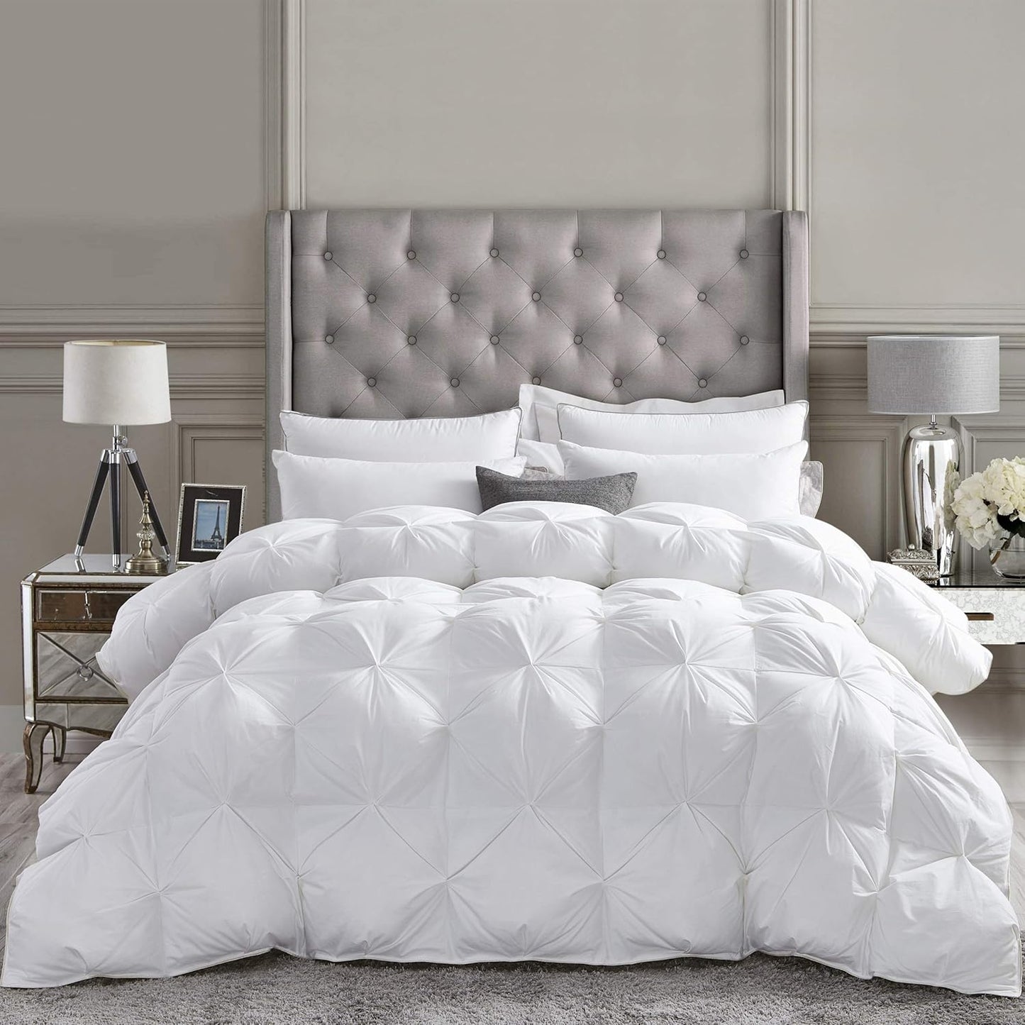 Luxurious All-Season Goose Down Feather Fiber Comforter Twin Size Duvet Insert, Exquisite Pinch Pleat Design, Premium Baffle Box, 100% Egyptian Cotton Cover, 50 oz. Fill Weight, White