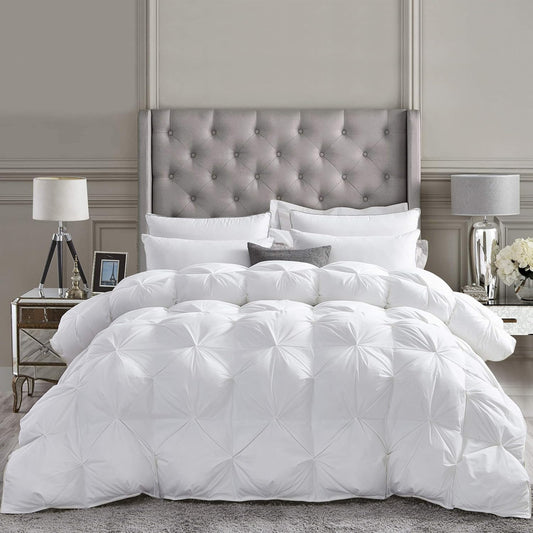 Luxurious All-Season Goose Down Feather Fiber Comforter Twin Size Duvet Insert, Exquisite Pinch Pleat Design, Premium Baffle Box, 100% Egyptian Cotton Cover, 50 oz. Fill Weight, White
