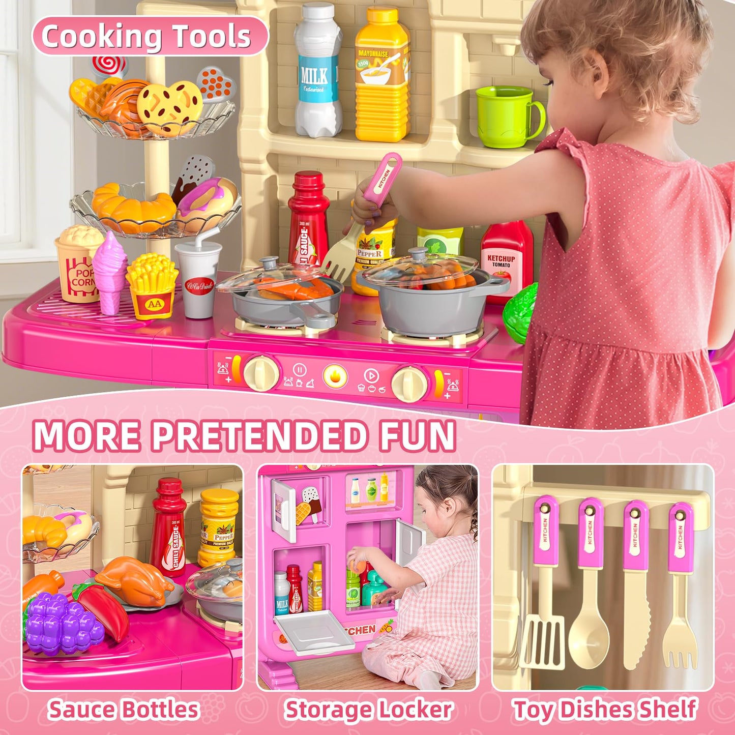 MSKOLER Play Kitchen Playset, Girls Kitchen Toys for Ages 2-6 4-8 with Light, Sound and Spraying, Sink Toy Accessories, Cooking Stoves, Pretend Food for Toddlers 1-3 3-5