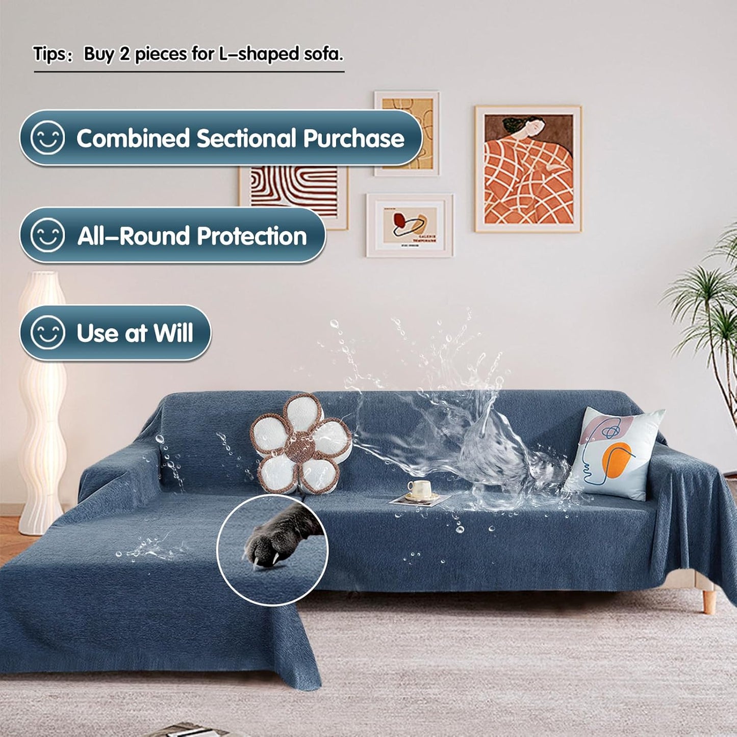 STACYPIK Dark Blue Waterproof Sofa Covers for Sofa Water Resistant Couch Covers Dog Bed Cover Non-Slip Sofa Slipcovers for Kids Pets Washable Furniture Protector Covers for 3 Cushion Couch-71X150IN
