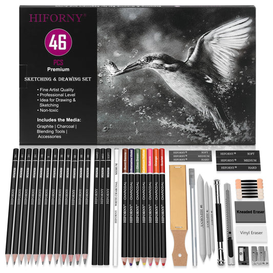 HIFORNY 46 PCS Sketching Drawing Pencil Set,Sketch Pencils Art Supplies with Colored Charcoal Pencils,Graphite,Charcoal,Blending Tools,Accessories,Drawing Kit for Adults Artists
