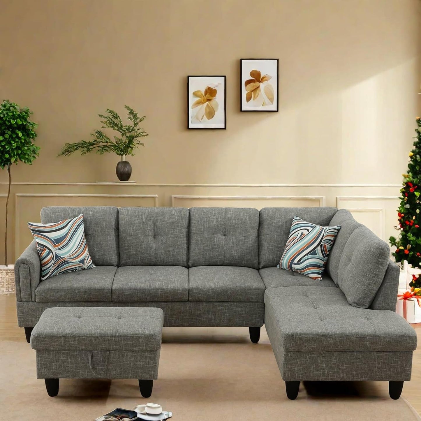 L Shaped Sectional Couch with Otttoman, 97" Sectional Sofa for Living Room Flannel Modular Couches with Cup Holders for Bedroom, Apartments, Grey