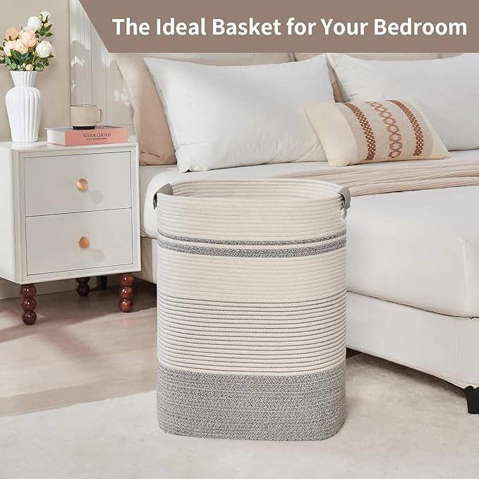 DOFASAYI Laundry Hamper - 85L Large Laundry Basket with Leather Handles, Decorative Storage Basket for Blankets - Clothes Hamper for Living Room, Bedroom, Grey & White