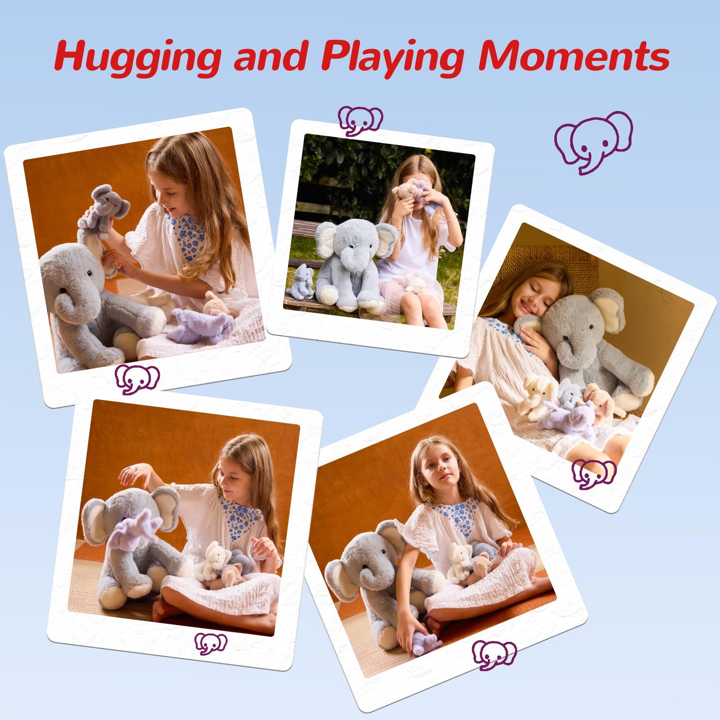 Vposyako 5 Pieces Elephant Stuffed Animals for Girls, 1 Mommy Elephant with 4 Babies Soft Plush Set Toys Gifts for Kids Children 3 4 5 6 7 8 9 Years, Christmas, Birthday, Children's Day