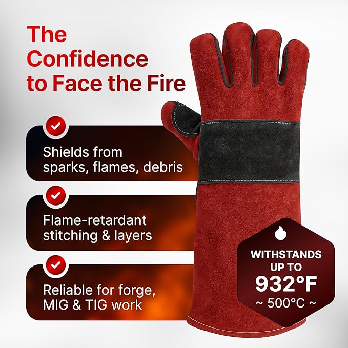 Welding Gloves for Men and Women - 16" Leather 932°F Heat and Fire Resistant Forge MIG TIG Stick Welder Gloves - Also Used for Oven, Grill, BBQ, Furnace, Stove, Fireplace, Animal Handling - Red