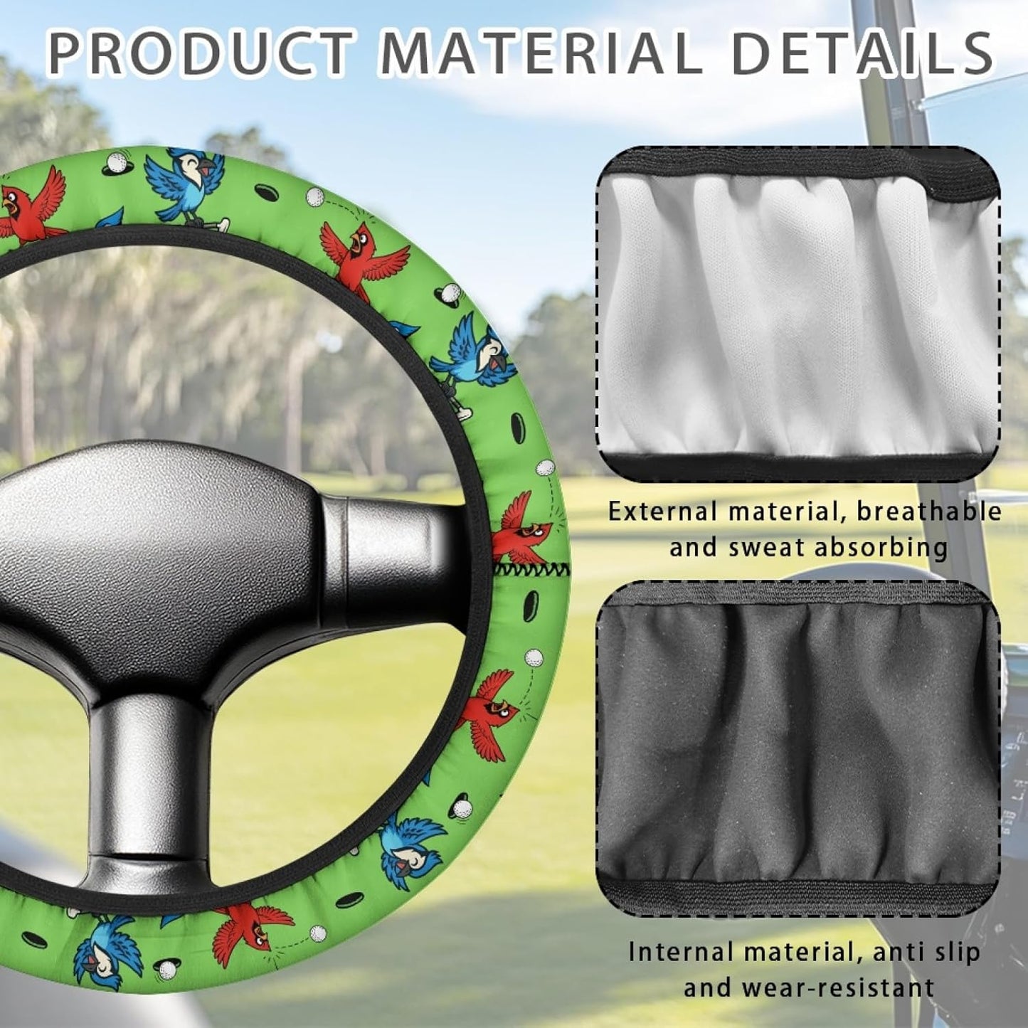 Bird Golf Cart Steering Wheel Covers Golf Ball Golf Cart Steering Wheel Cover for Women Men Elastic Golf Cart Accessories Decor, Green