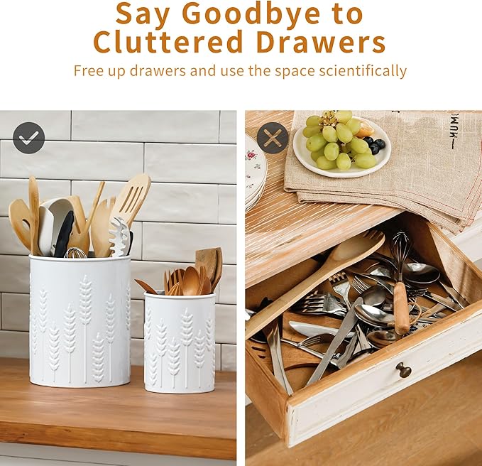 2 Pack Metal Utensil Holder for Kitchen Counter, 7.3"+5.4" Large Cooking Utensil Organizer Ear of Wheat Pattern Embossed Utensil Caddy for Party Cutlery Tool Holder Storage, White