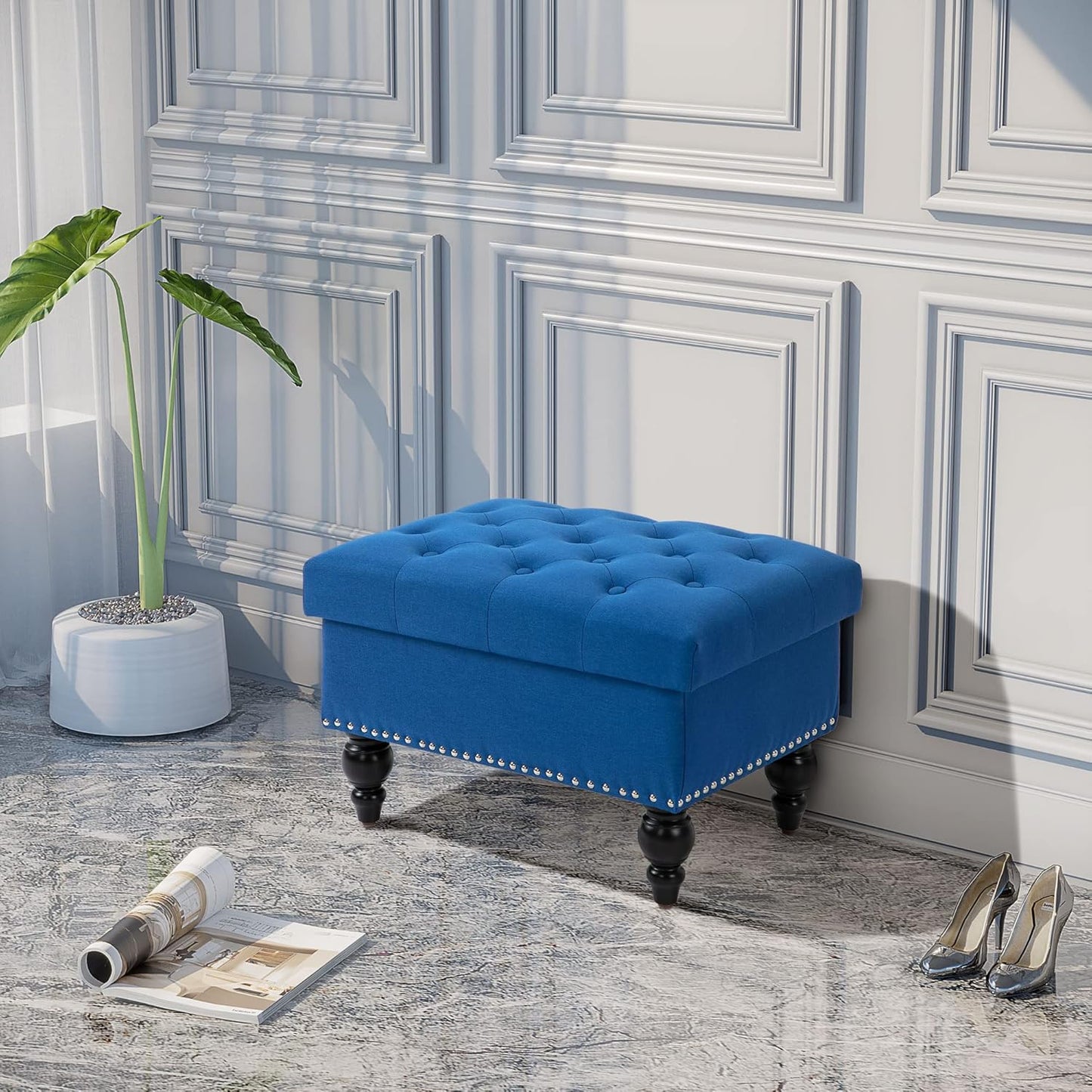 HOMCOM Ottoman with Storage for Living Room, 25" Storage Ottoman with Removable Lid, Button-Tufted Fabric Bench for Footrest and Seat with Wood Legs, Blue