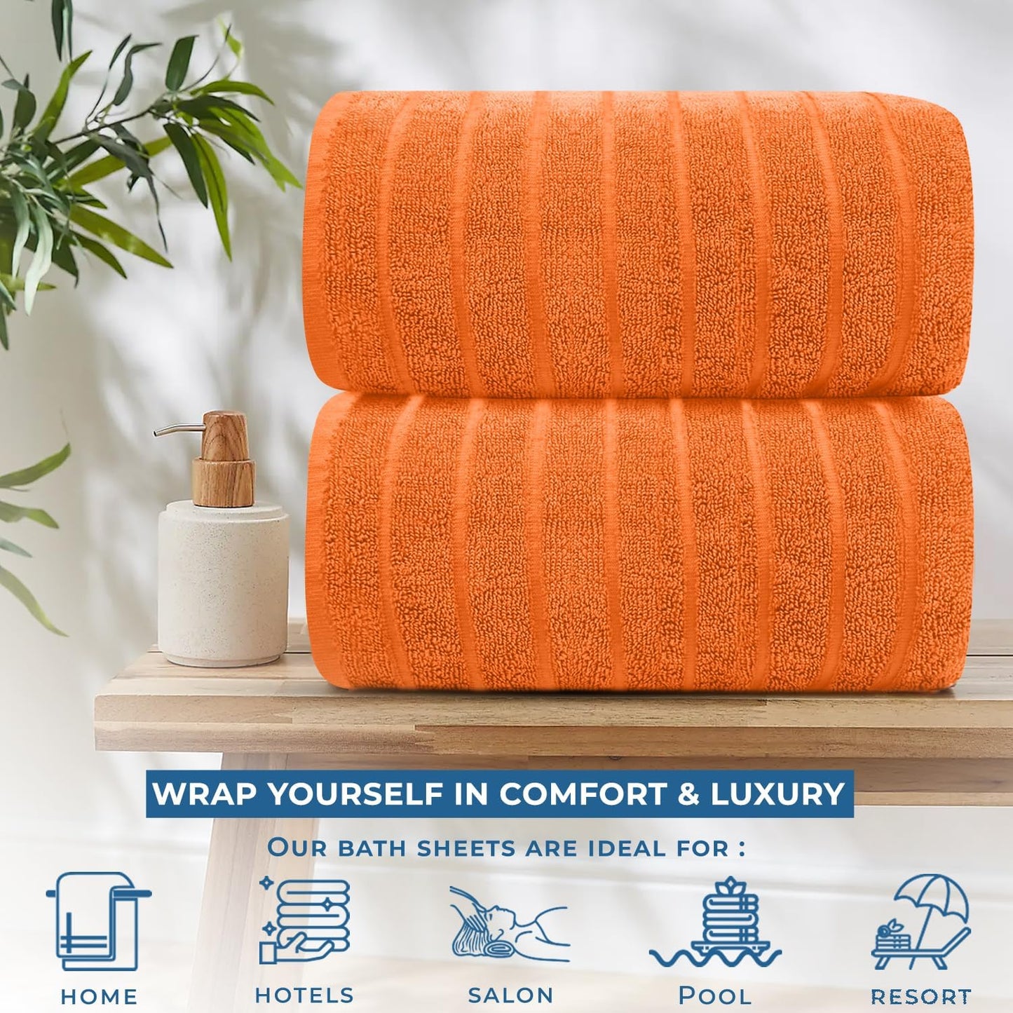 DAN RIVER Pack of 2 Bath Sheet 35x70 Inches, Soft Ribbed Fluffy Bath Sheets Towels for Adults, Quick Dry Shower Towels - Orange