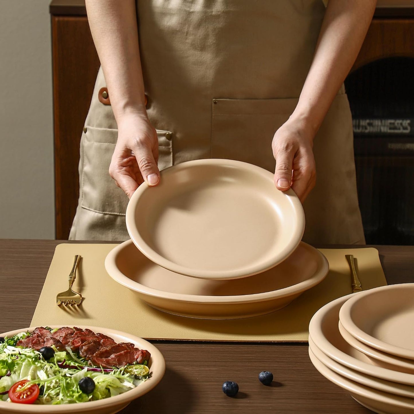 GZG 8 Inch Ceramic Dinner Salad Plates Set of 4, Rustic Matte Glaze Stoneware Dinnerware Set, Microwave & Dishwasher Safe, for Salad, Dessert, Appetizer, Everyday Use(Warm Sand)