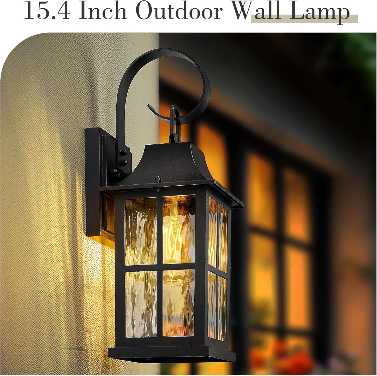Emliviar Vintage Front Door Light Fixture Outside, Black 15.4 Inch Outdoor House Light Wall Mount with Water Ripple Glass for Yard, YXE306B BK-SW