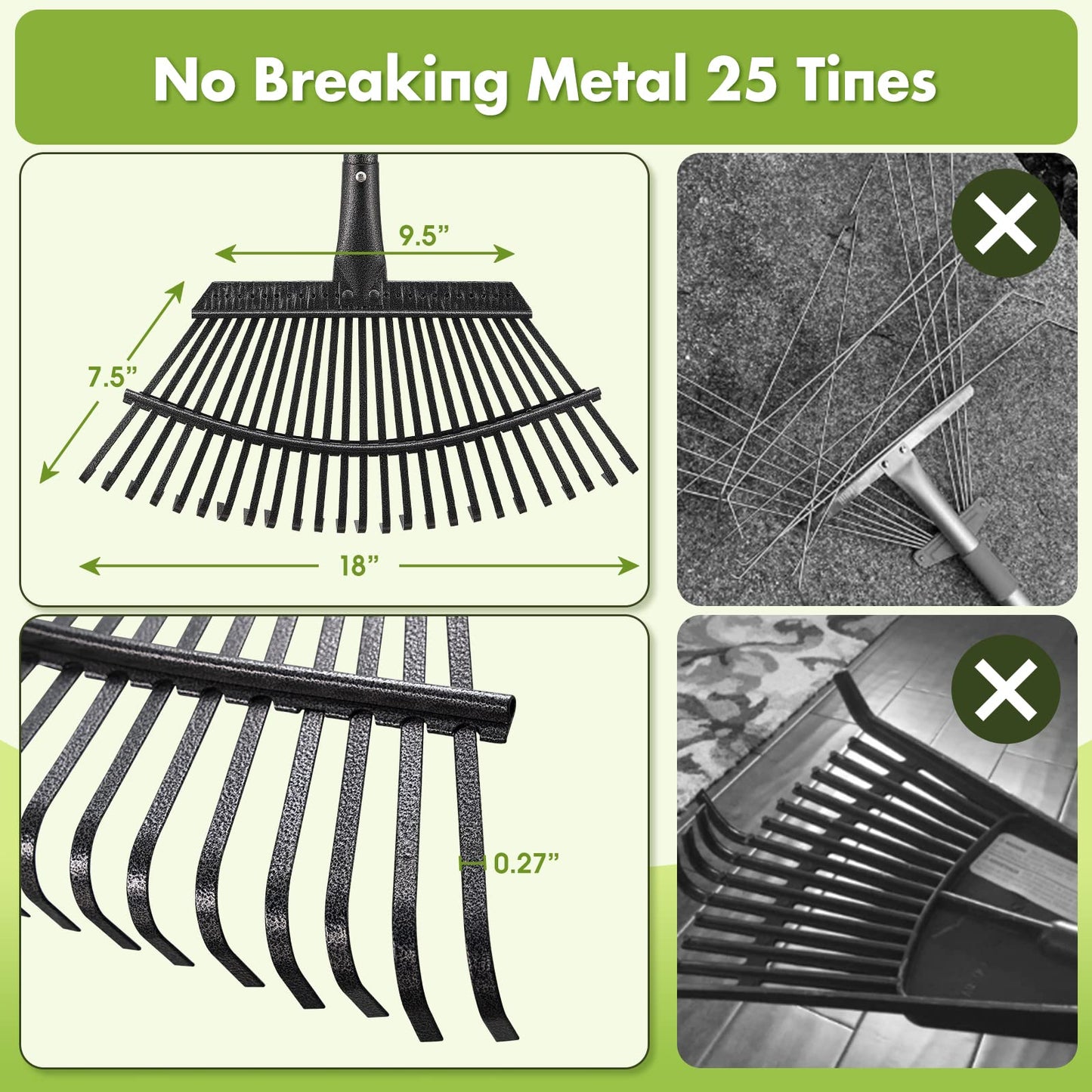 INFLATION Heavy Duty Garden Rake for Leaves for Lawns 65” Length 18” Width Adjustable 25 Tines Sturdy Metal Yard Gardening Leaf Rakes for Women Men with Smooth Comfortable Long Handle