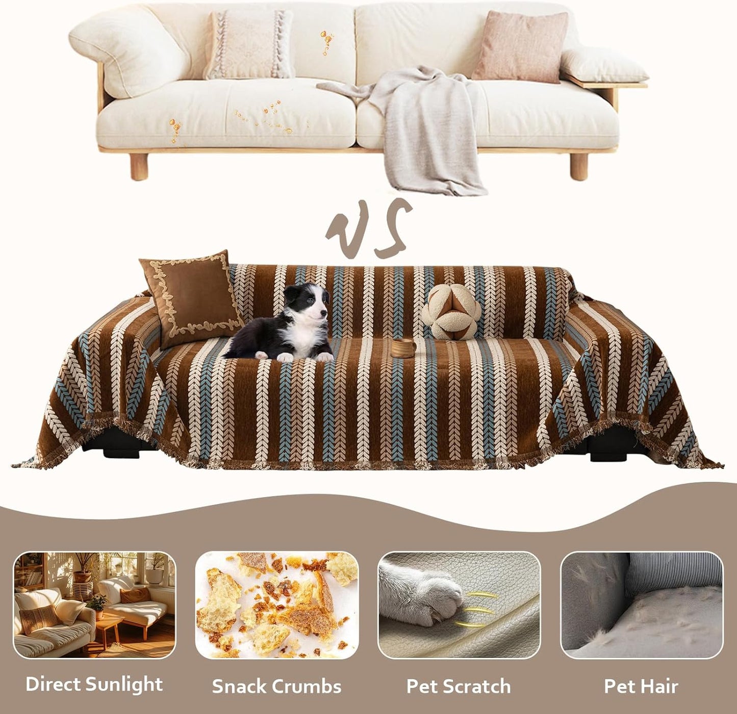 STACYPIK Khaki Jacquard Leaves Sofa Cover, Vintage Couch Cover for Dogs, Washable Pet Protector for 3 Cushion Couch, Non-slip Chenille Sofa Covers for Loveseat, Boho Couch Cover for Sectional-71X134IN