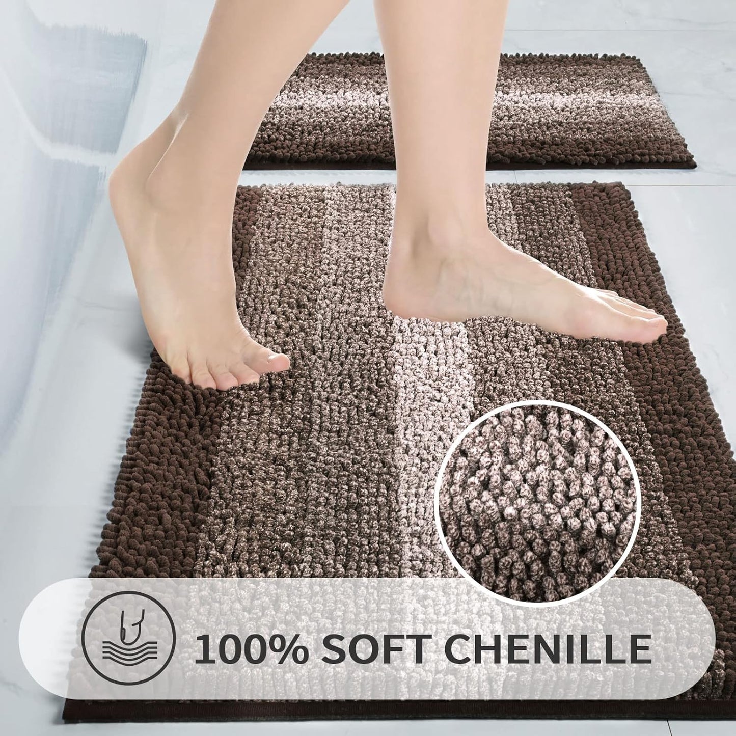 Gibelle Brown Bathroom Rug Set 2 Piece, Chenille Non Slip Bath Mat Set, Absorbent Shower Rug and Bath Room Floor Mats, Quick Dry Bathmat Bathroom Decor Accessories for Tub, 16" x 24"