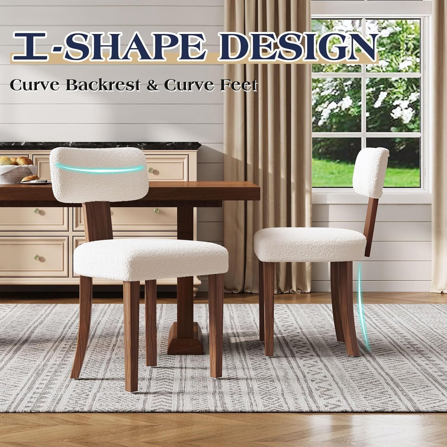 Farmhouse Chair Set of 2, Mid Century Modern Dining Chairs, Sherpa Upholstered Kitchen Chairs with Curved Backrest & Adjustable Legs for Living Room/Bedroom, Easy to Install, White Sherpa