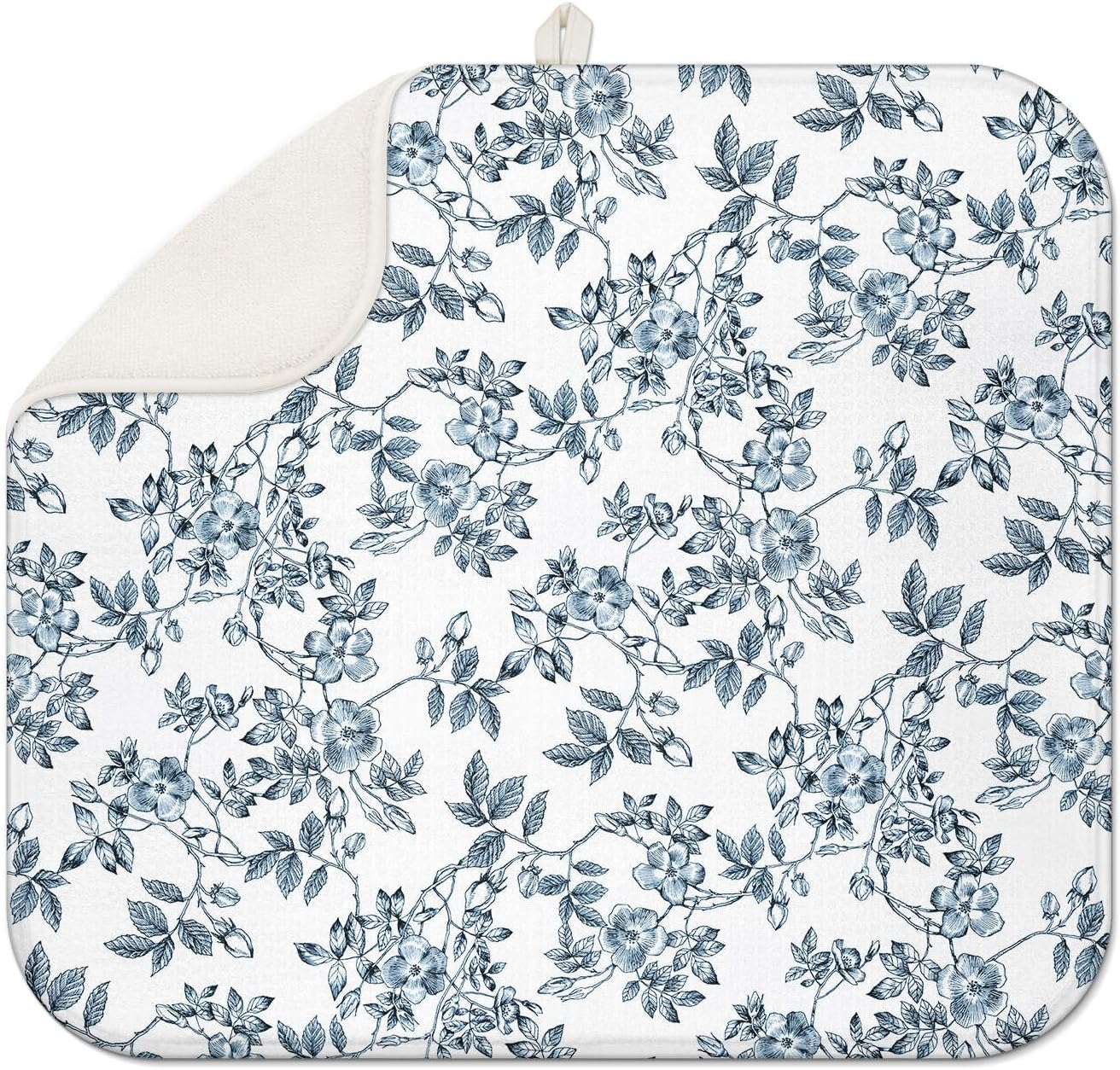 Floral Spring Small Dish Drying Mat for Kitchen Counter 16''x18''Microfiber Absorbent - Foldable, Quick-Dry, Non-Slip, Compact Plant Leaves Kitchen Drying Pad for Dishes, Countertops, and Cookware