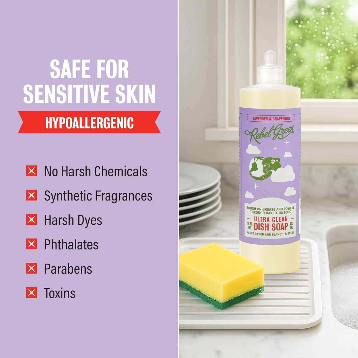 Rebel Green Super Deluxe Dish Soap - Natural Dishwashing Soap - Liquid Dish Detergent - Sustainable Dish Liquid Scented with Lavender & Grapefruit - (16 oz Bottles, 2 Pack)