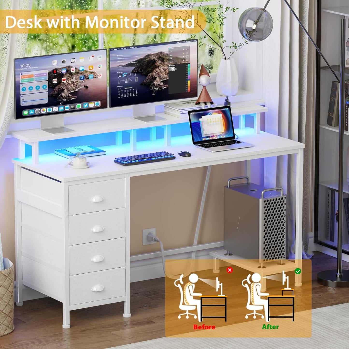 Furologee 47" White Computer Desk with 4 Fabric Drawers & Monitor Stand, Gaming Desk with Power Outlets - LED Lights, Home Office Space-Saving Study Table for Bedroom Small Spaces