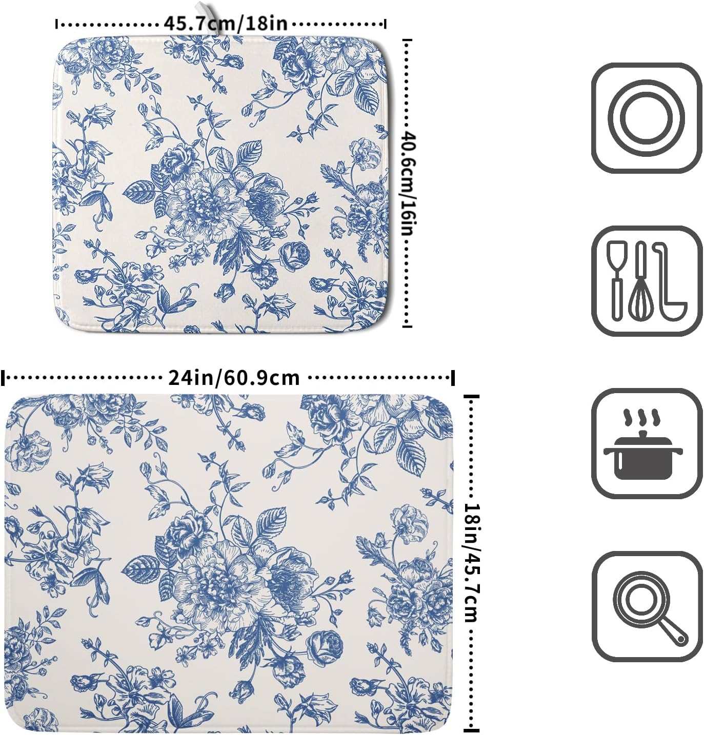 Vintage Blue Floral Dish Drying Mat for Kitchen Counter 18x24 Inch Chinoiserie Flowers Absorbent Reversible Microfiber Dish Pad Dish Drainer Rack Mats Countertops Protector Mat
