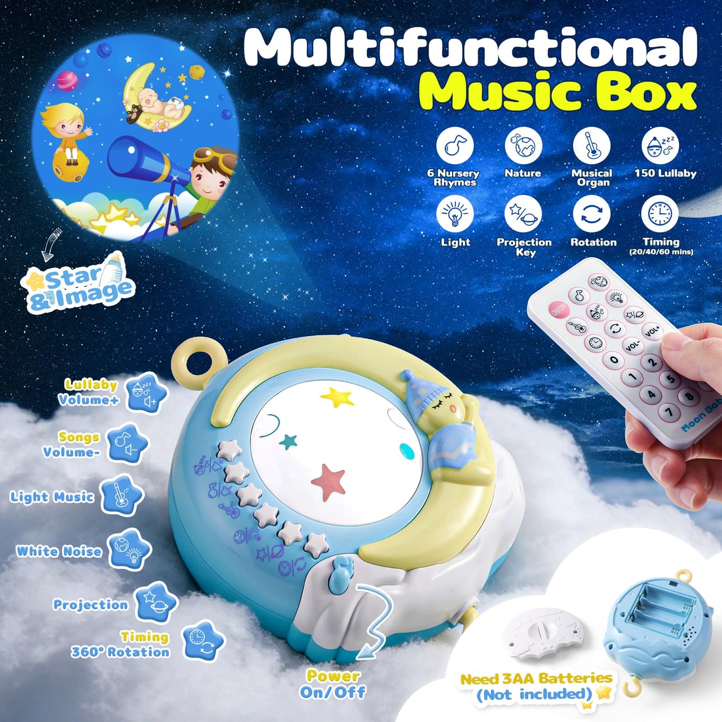 Mini Tudou Baby Musical Mobile Crib with Music and Lights, Timing Function, Projection, Take-Along Rattle and Music Box for Babies Boy Girl Toddler Sleep