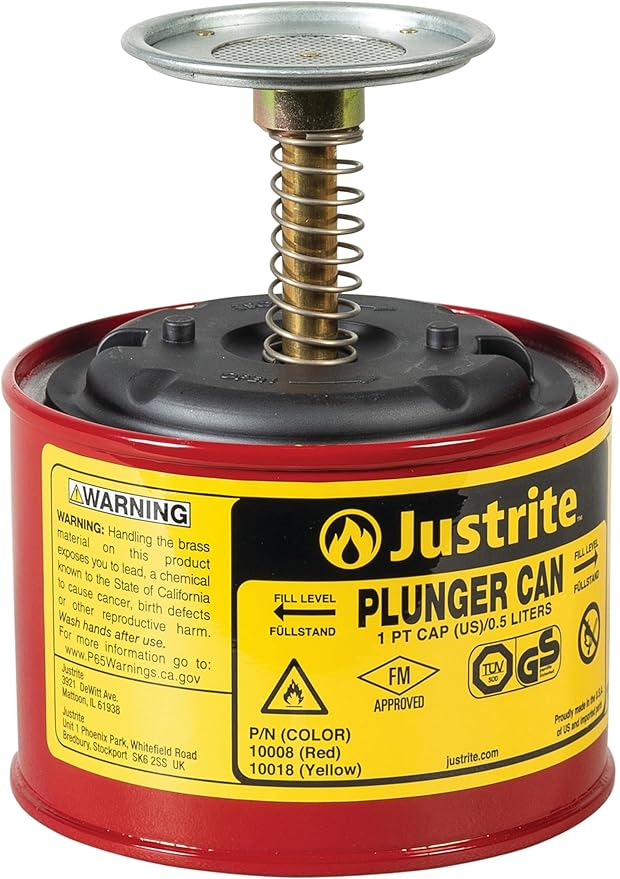 Justrite Plunger Can for Solvents, 1 Pint Capacity, 5.25" x 4.9" Steel Push-Down Solvent Dispenser Can, Made in the USA Industrial Mechanic Tools, Red, 10008