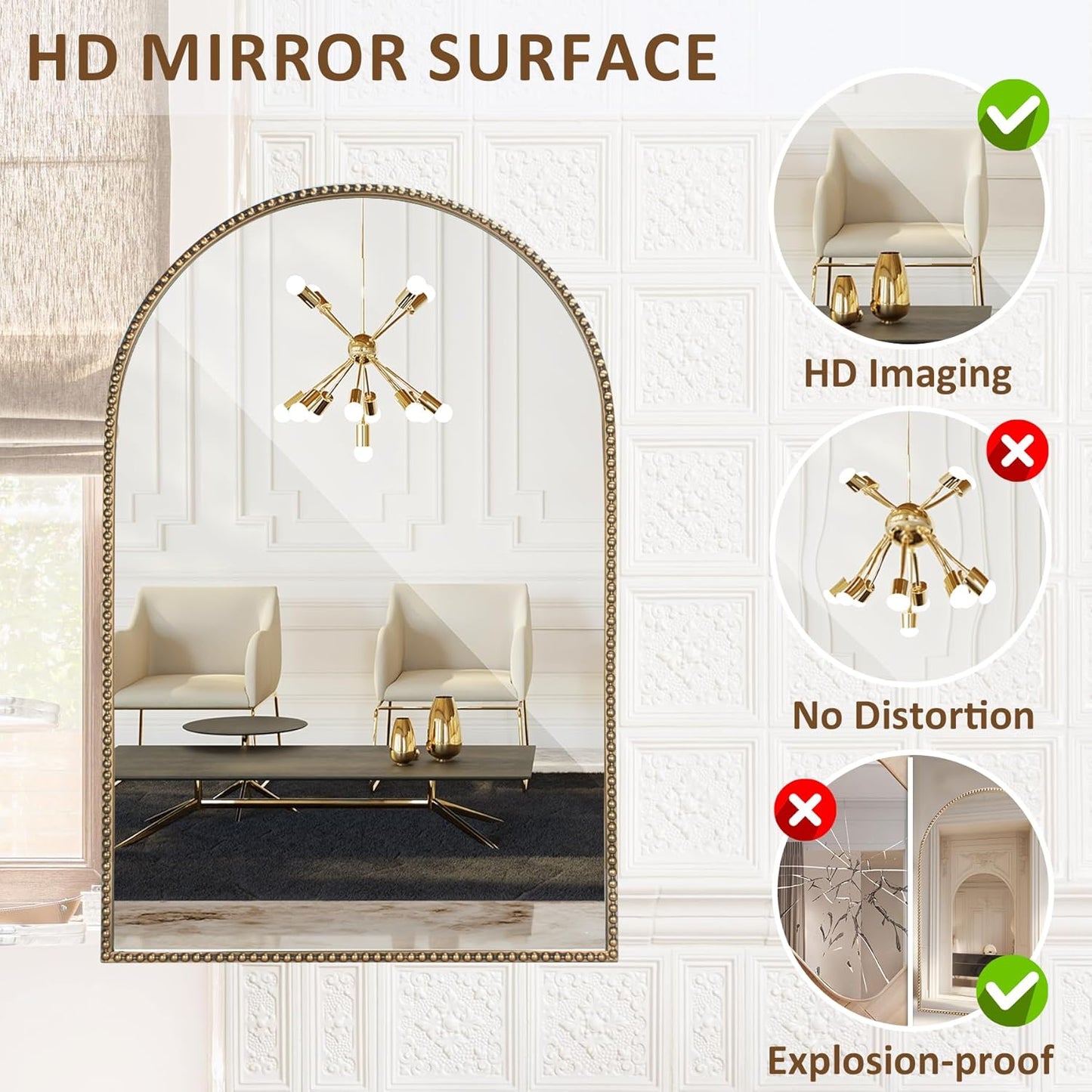 Antique Gold 24"x36" Arched Wall Mirror with Metal Beaded Frame - Decorative Accent Wall Mirror for Bathroom, Bedroom, Living Room, Entryway
