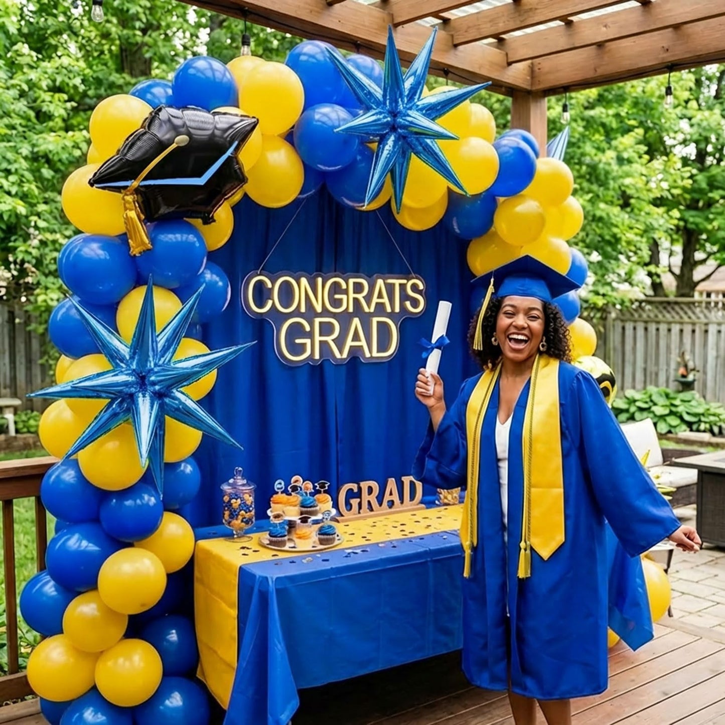 kozee royal blue and yellow balloon garland arch kit 150+pcs with graduation cap Blue star mylar balloons for Men birthday 2026 Graduation Ceremony Prom decorations