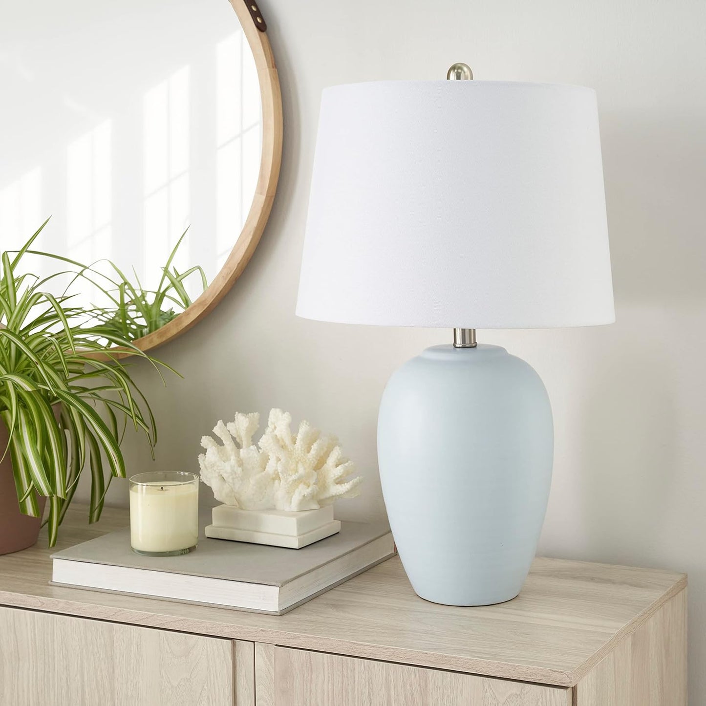Nourison 23" Coastal Blue Ceramic Pot Table Lamp for Bedroom, Living Room, Dining Room, Entryway, with White Shade, Set of 2 Lamps