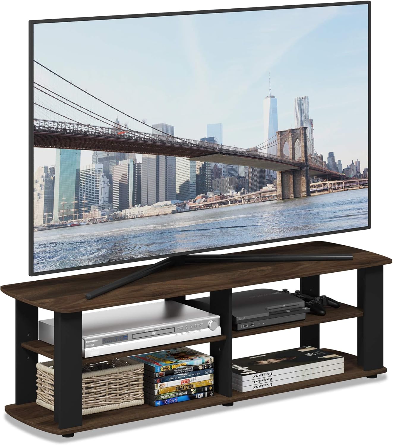 FURINNO Nelly Entertainment Center TV Stand, Short 43.3"(W) x13.4(H) x13.1(D), Columbia Walnut/Black