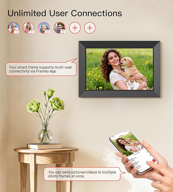 BIGASUO Digital Picture Frame, 10.1" Frameo Digital Frame WiFi with 32GB Memory, 1280x800 IPS Touch Screen, Send Photos/Videos from Your Phone Anywhere, Photo Gifts for Parents and Grandparents 4 Pack