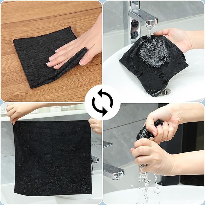 Macarrie 200 Pieces Microfiber Cleaning Cloths Bulk Absorbent Microfiber Towels Reusable Lint-Free Streak Free Wash Rags for House Kitchen Office Restaurants Bar Shop Car, 12 x 12 Inches (Black)