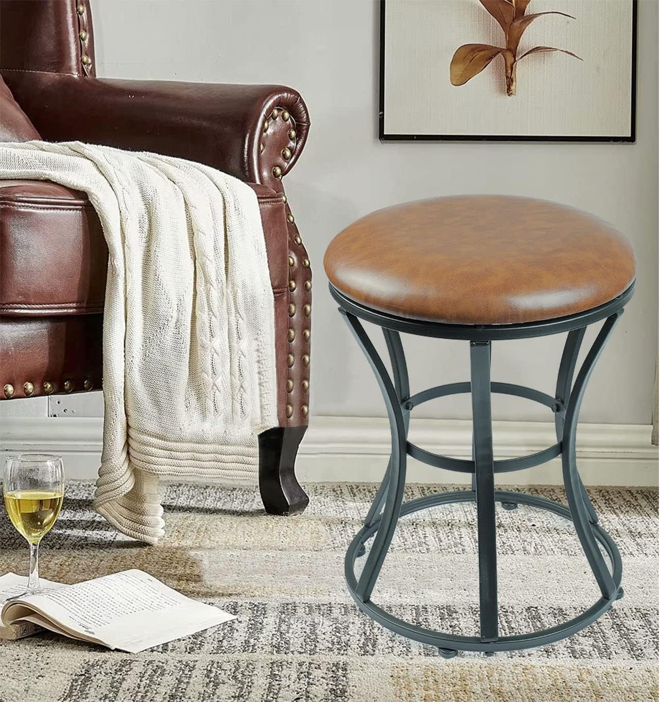 Vanity Stool Chair, Modern Dressing Stool for Makeup Vanity with Black Legs - Backless - Ottomans Round Seat, for Makeup Room, Bedroom, Bathroom, Living Room Accent Furniture Leather Brown