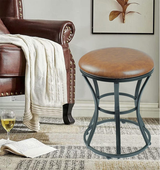 Vanity Stool Chair, Modern Dressing Stool for Makeup Vanity with Black Legs - Backless - Ottomans Round Seat, for Makeup Room, Bedroom, Bathroom, Living Room Accent Furniture Leather Brown