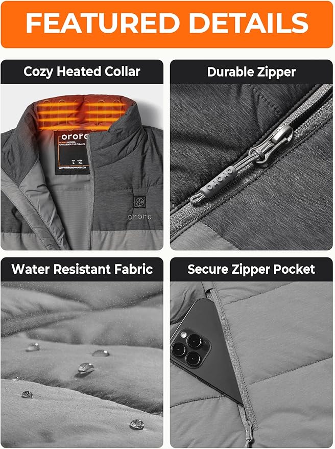 ORORO Men's Lightweight Heated Vest with USB-C Rechargeable Battery, Puffer Classic Heating Vest