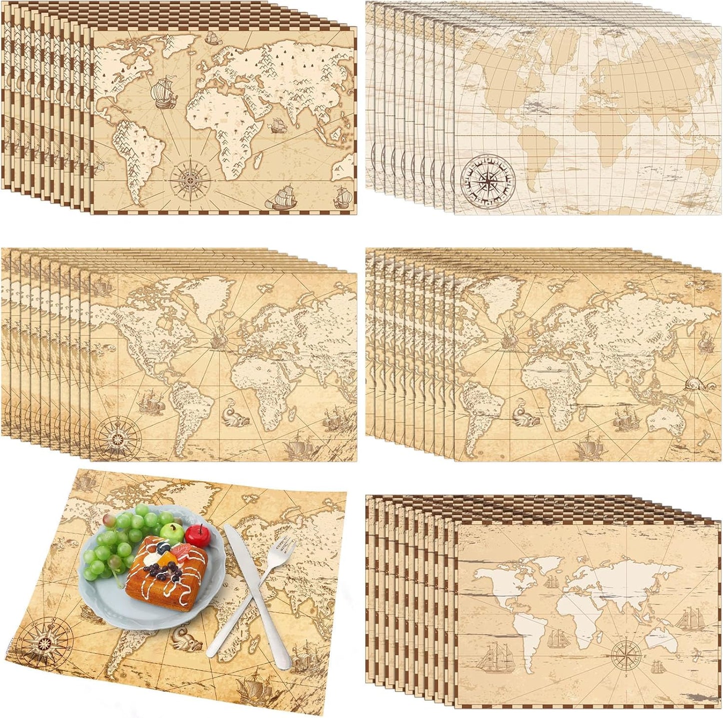 Eaasty 50 Disposable World Map Paper Placemats Vintage World Map for Old Paper Retro Style Decorative Travel Adventure Table Mat for Geography Learning Education Traveler Theme Crafts (13.4 x 9.45'')