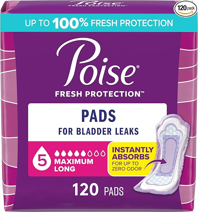 Poise Incontinence Pads & Postpartum Incontinence Pads, 5 Drop Maximum Absorbency, Long Length, 120 Count (2 Packs of 60), Packaging May Vary