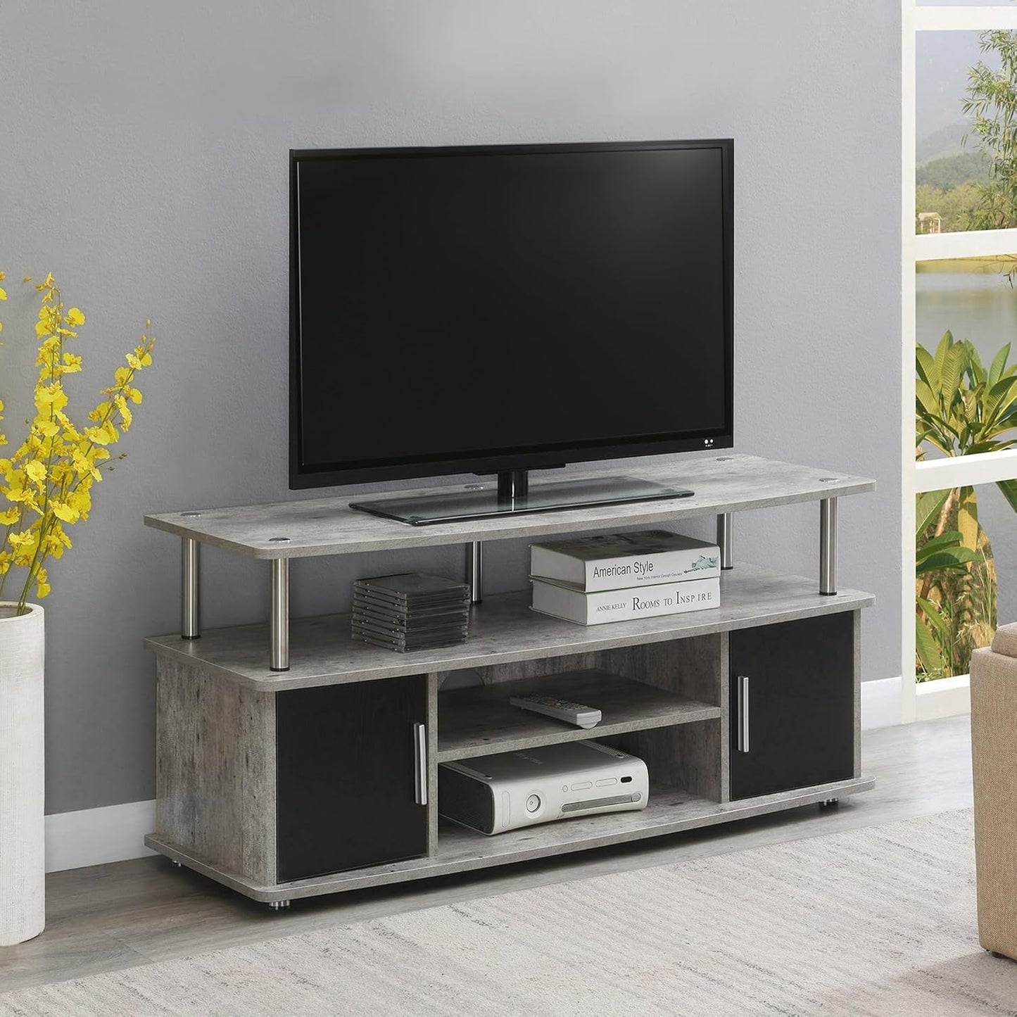Convenience Concepts Designs2Go Monterey Stand Family Entertainment Center with Storage Cabinets and Shelves, Modern TV Console for Living Room, Office, 47.25", Faux Birch/Black