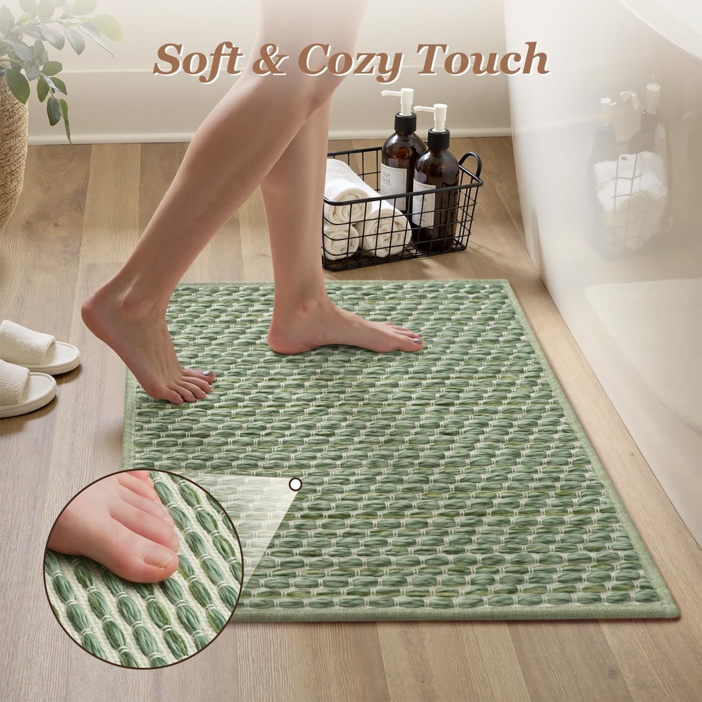 AMOAMI Unique Woven Bath Mat, Super Absorbent Non Slip Bath Mat, 24" x 36", Sage