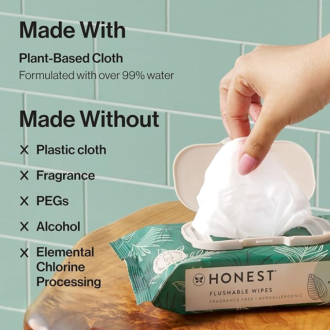 The Honest Company Flushable Wipes for Sensitive Skin | Fragrance Free, Hypoallergenic, 99% Water, Safe to Flush | pH Balanced Feminine Wipes | Tropical Leaves, 336 Count