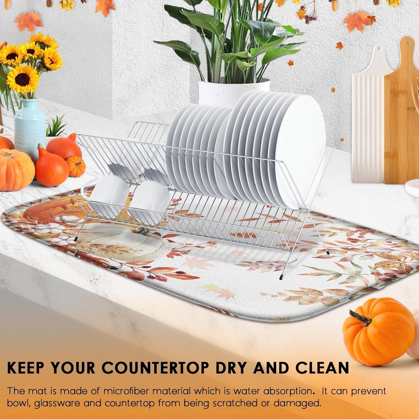 Sanwarm Autumn Orange White Pumpkin Absorbent Dish Drying Mat,Fall Leaves Thanksgiving Microfiber Pad for Kitchen Counter, Coffee Bar Decor, Heat Resistant and Reversible,16" x 18"