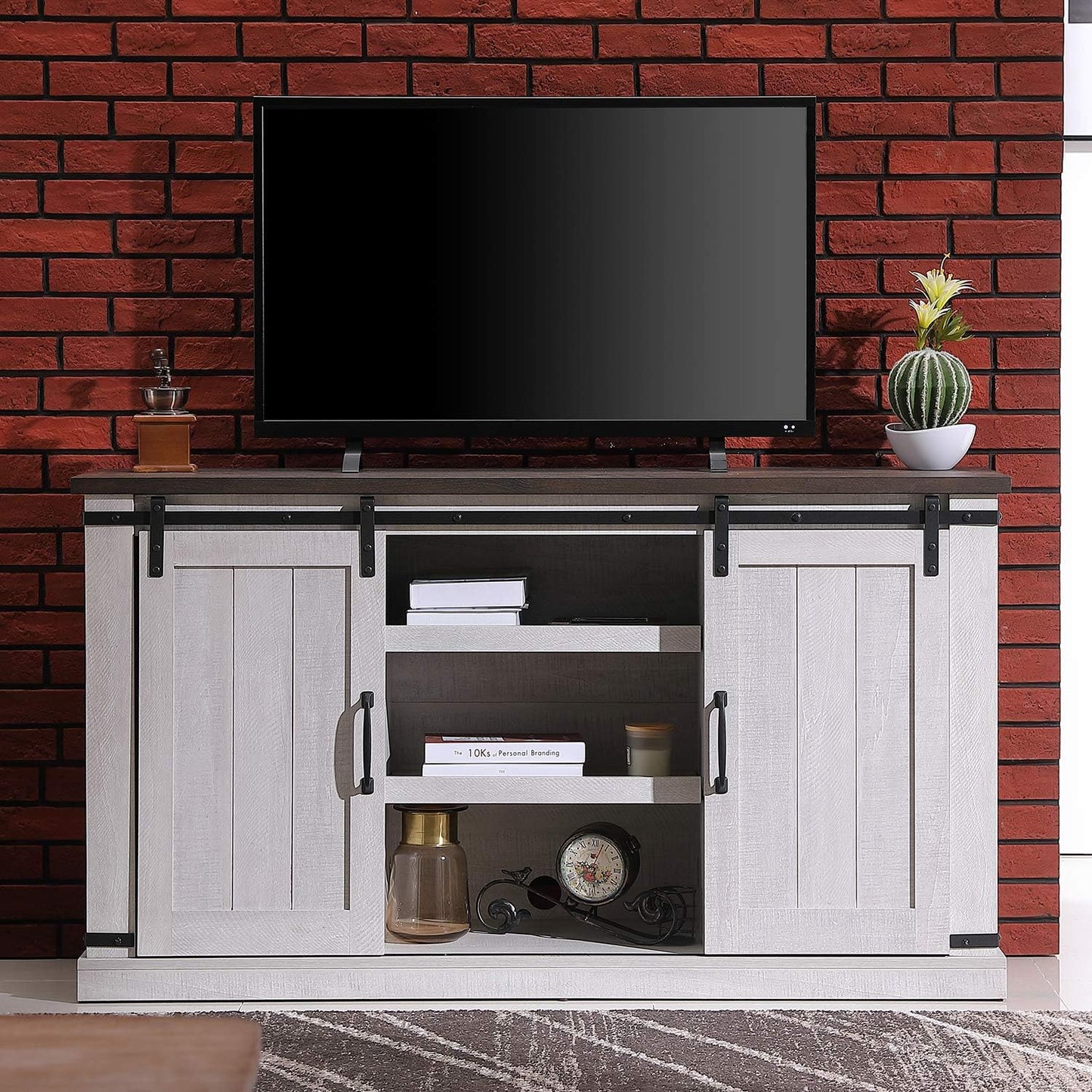 Farmhouse TV Stand for 60inch Television Stand, Entertainment Center with Storage Cabinet and Sliding Barn Doors & Adjustable Shelves, Rustic Media Console Table for Living Room