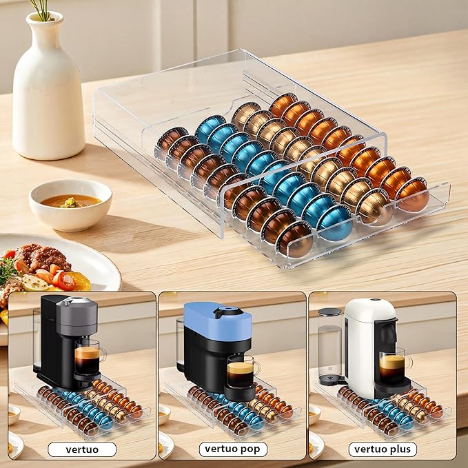 Clear Acrylic Coffee Pod Drawer for Nespresso Vertuo – 40-Pod Double-Sided Pull-Out Organizer